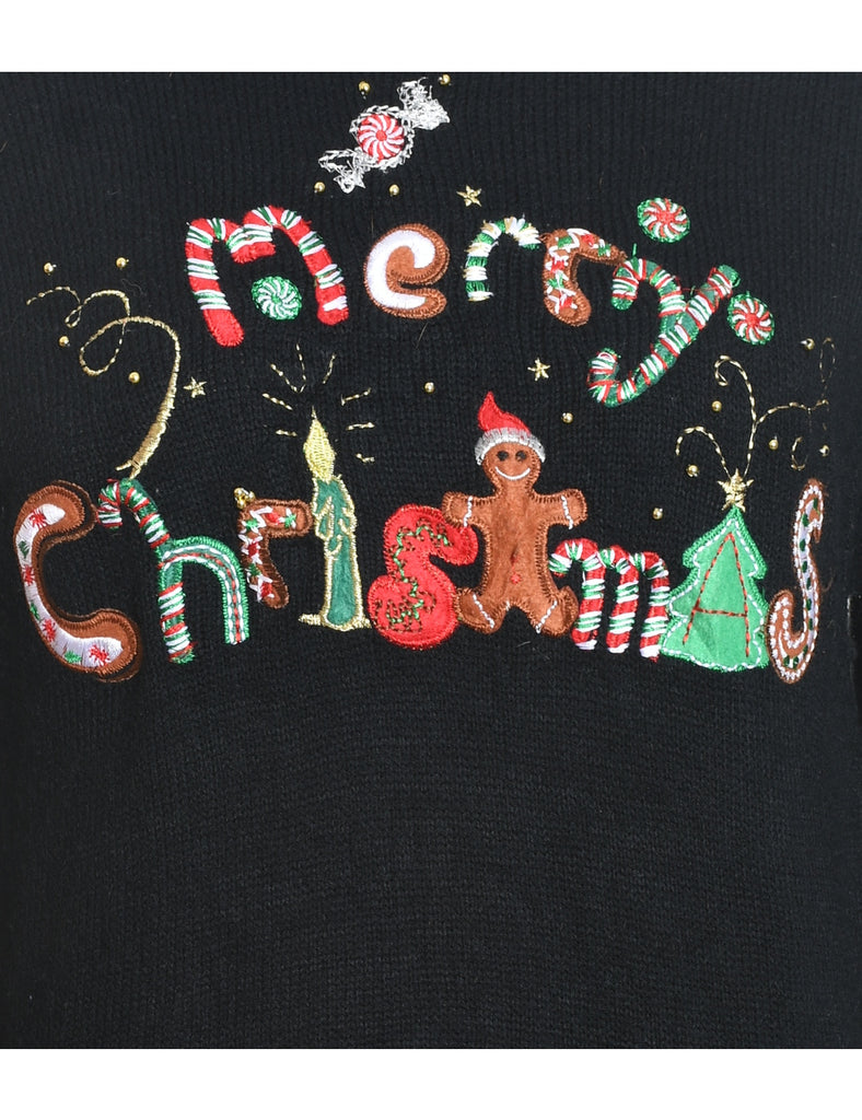 Black Embroidered Christmas Jumper - M