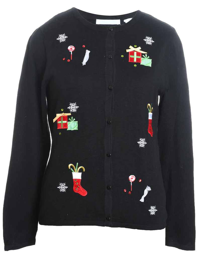 Black Embroidered Christmas Present Design Cardigan - M