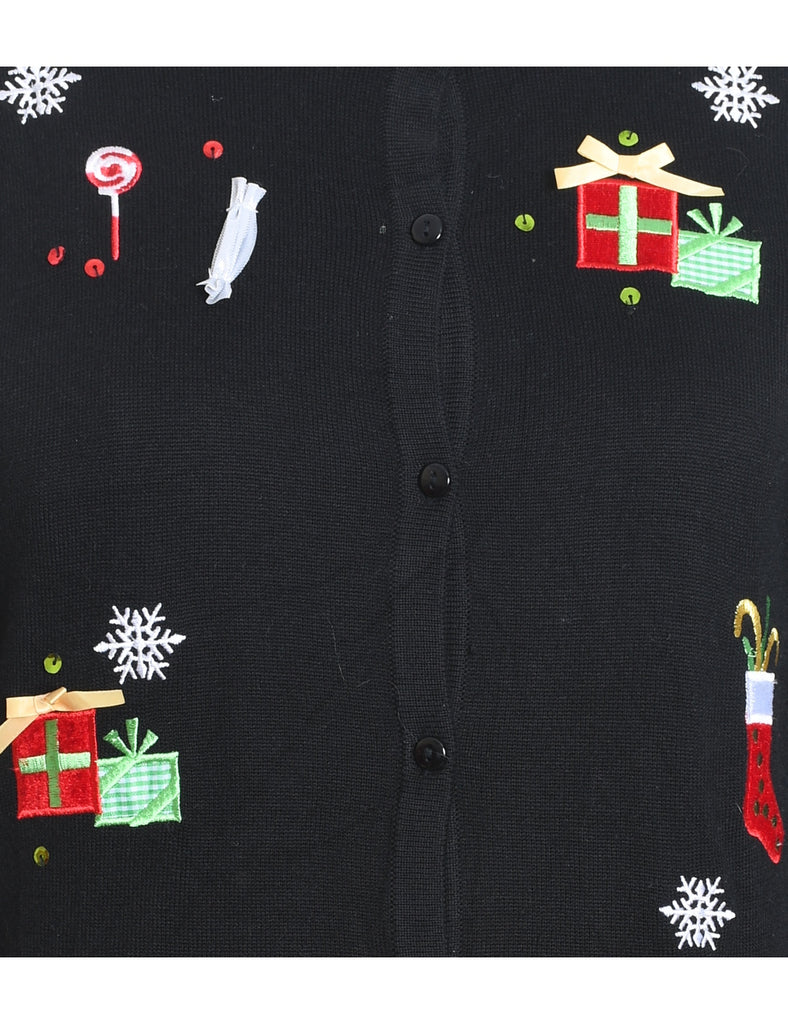 Black Embroidered Christmas Present Design Cardigan - M