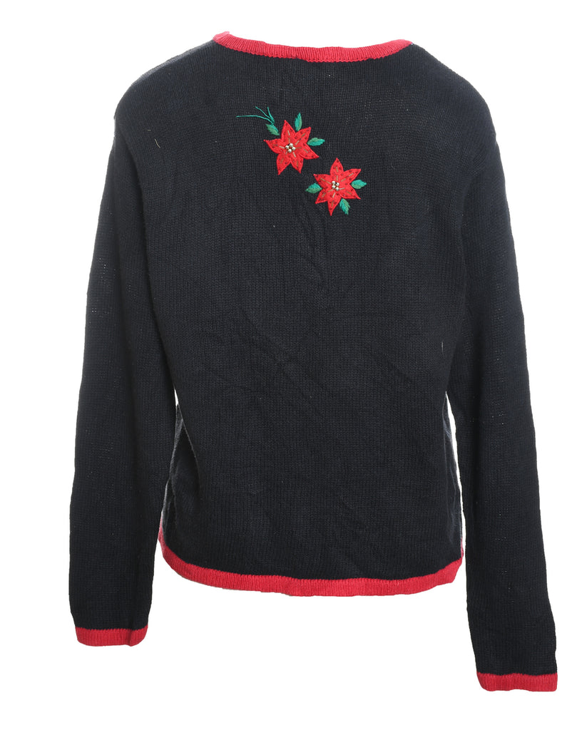 Black Embroidered Floral Christmas Jumper - M