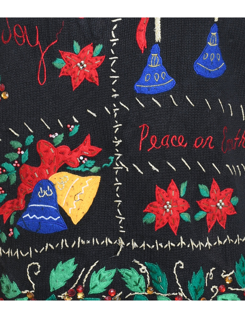 Black Embroidered Floral Christmas Jumper - M