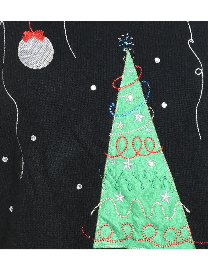 Black Embroidered Knit Christmas Jumper - M