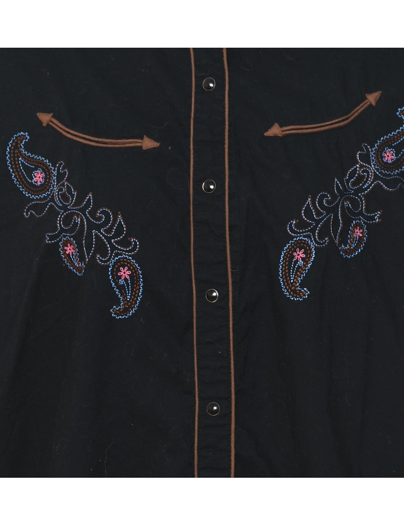 Black Embroidered Paisley Print Western Shirt - L