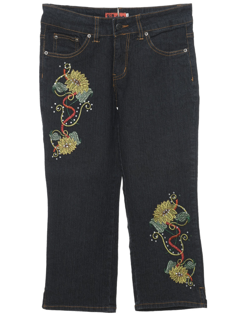 Black Embroidered Y2K Jeans - W28 L21