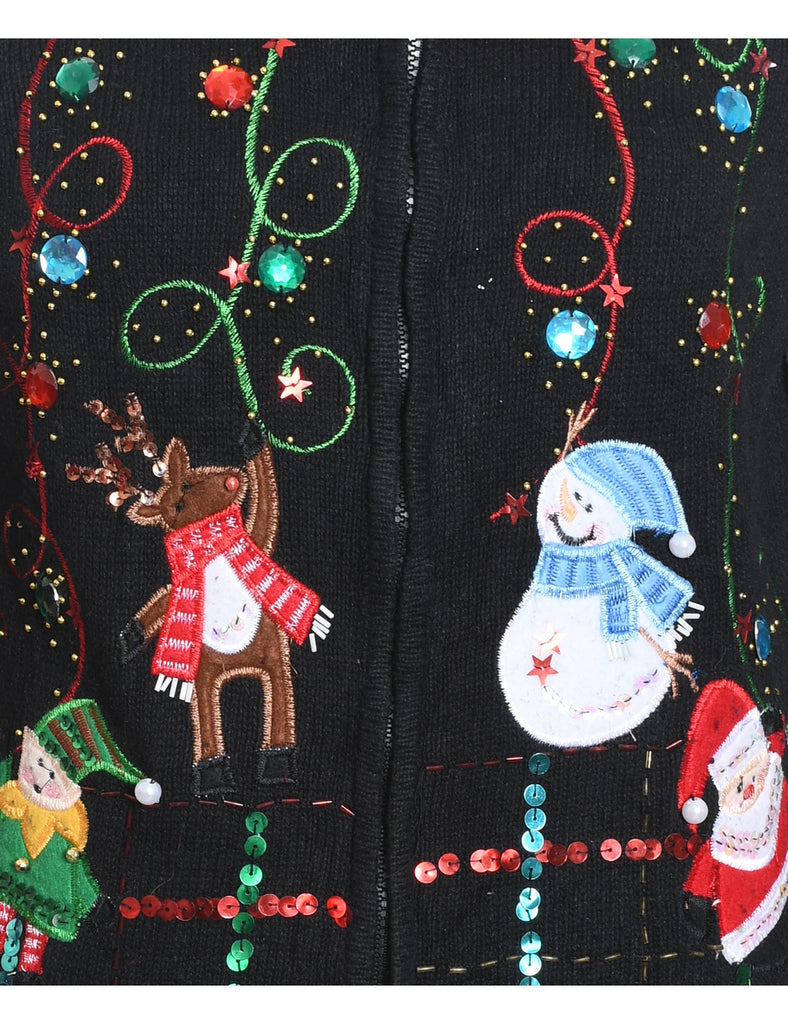 Black Embroidered Zip-Front Sequined Christmas Cardigan  - L