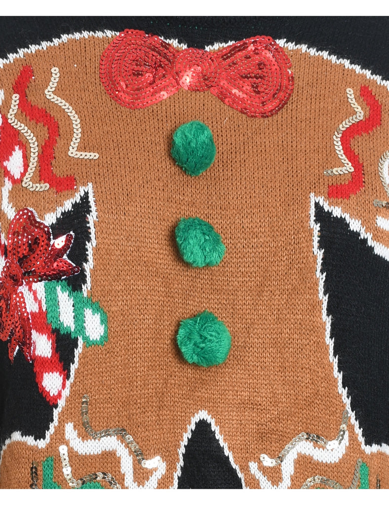 Black Gingerbread Design Christmas Jumper - M