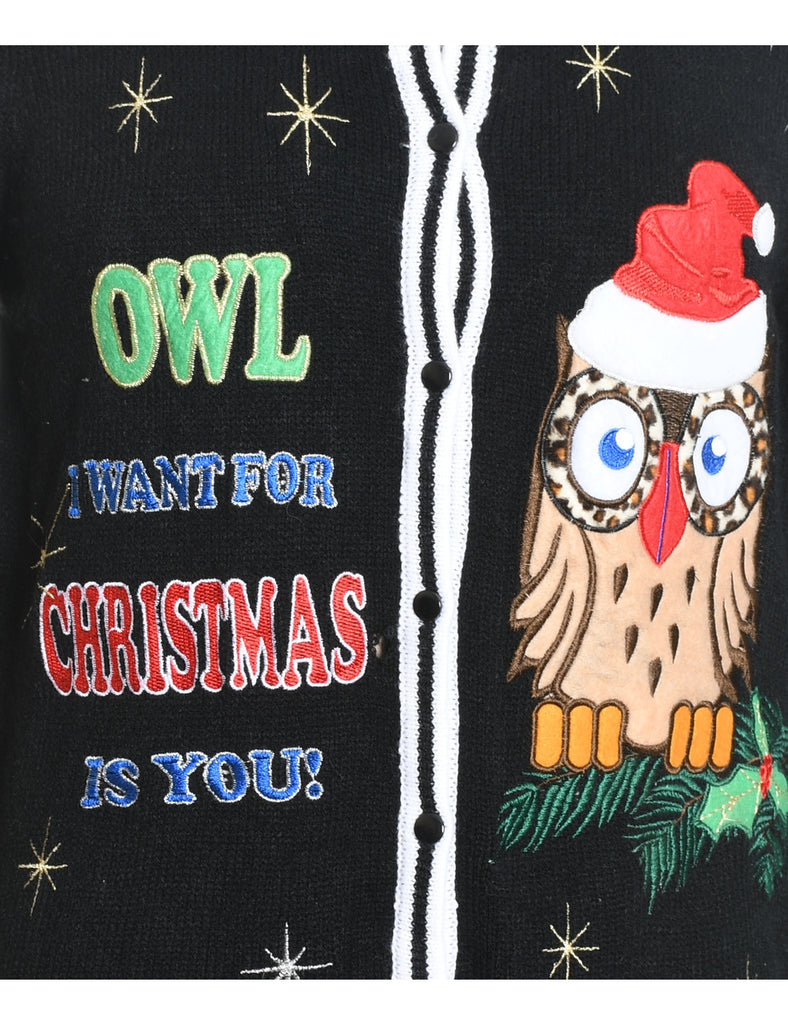 Black Knit Owl Design Christmas Cardigan - S