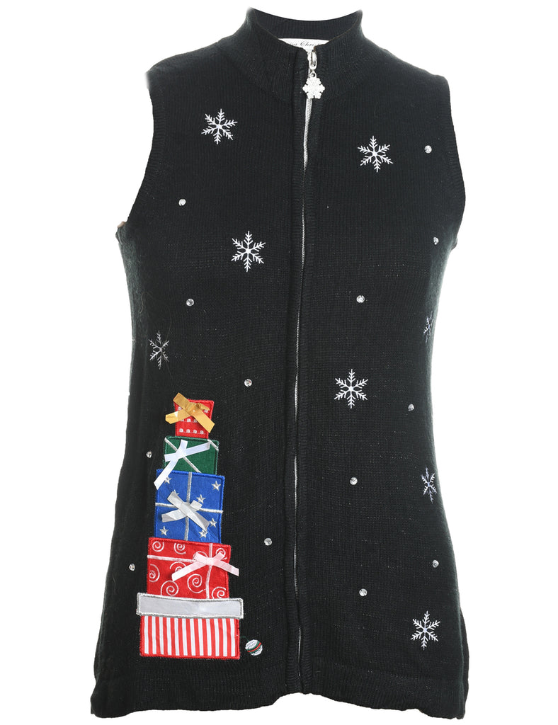 Black Knit Present Design Christmas Vest - S