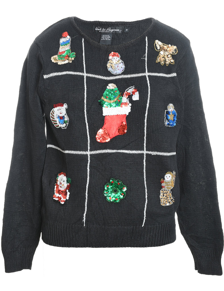 Black Knit Sequined Christmas Cardigan  - S