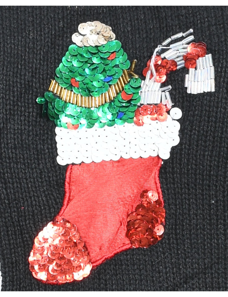 Black Knit Sequined Christmas Cardigan  - S