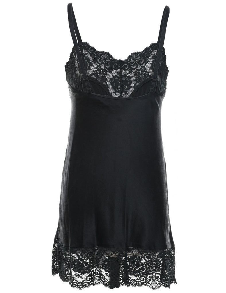 Black Lace Trim Silk Slip - S