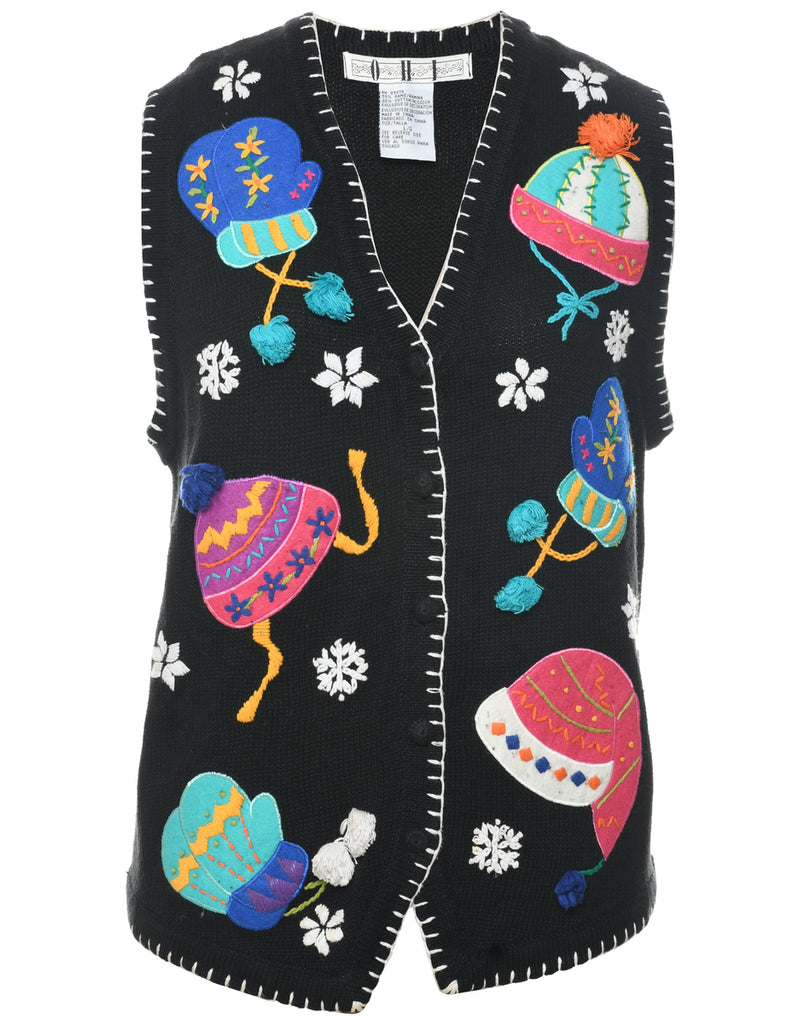 Black Patchwork Christmas Vest - L