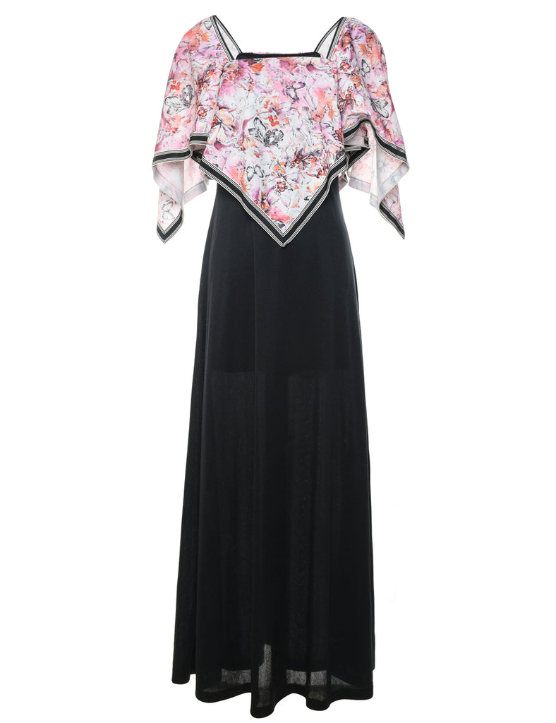 Black & Pink Butterfly Design 1970s Maxi Dress - S