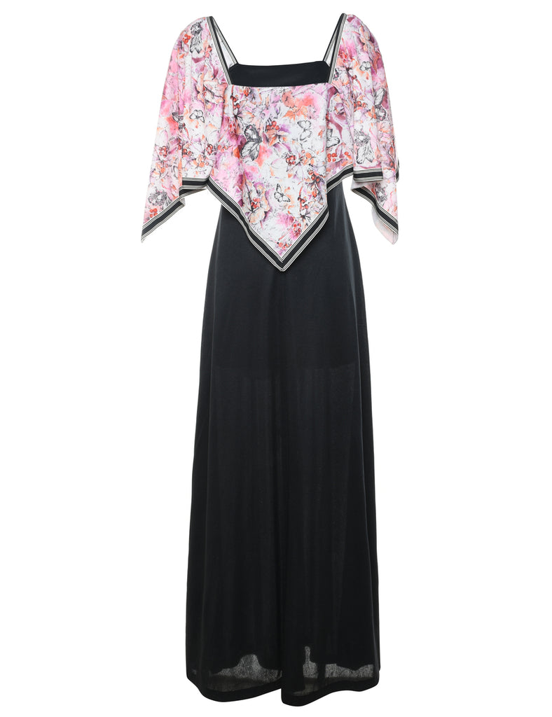 Black & Pink Butterfly Design 1970s Maxi Dress - S