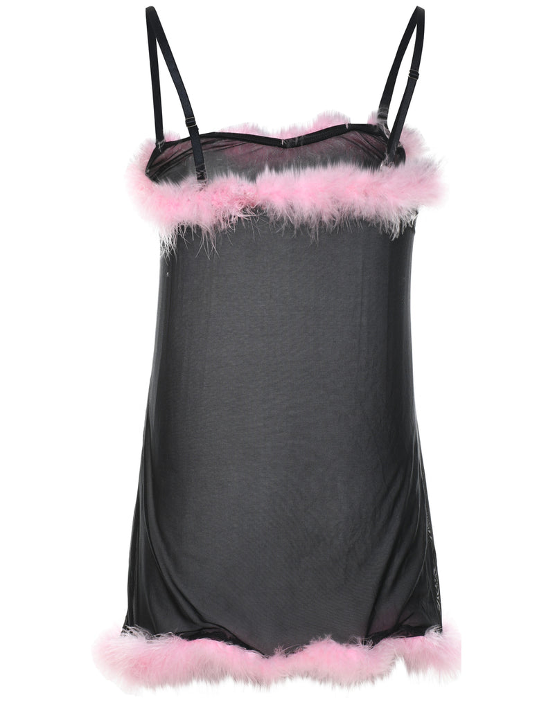 Black & Pink Feather Trim 1990s Sheer Slip - S