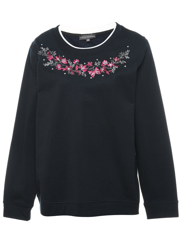 Black & Pink Floral Embroidered Sweatshirt - L