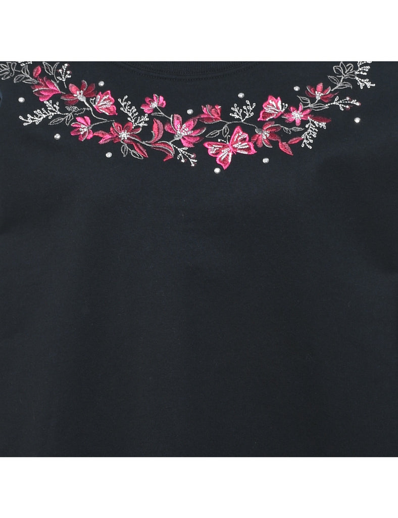 Black & Pink Floral Embroidered Sweatshirt - L