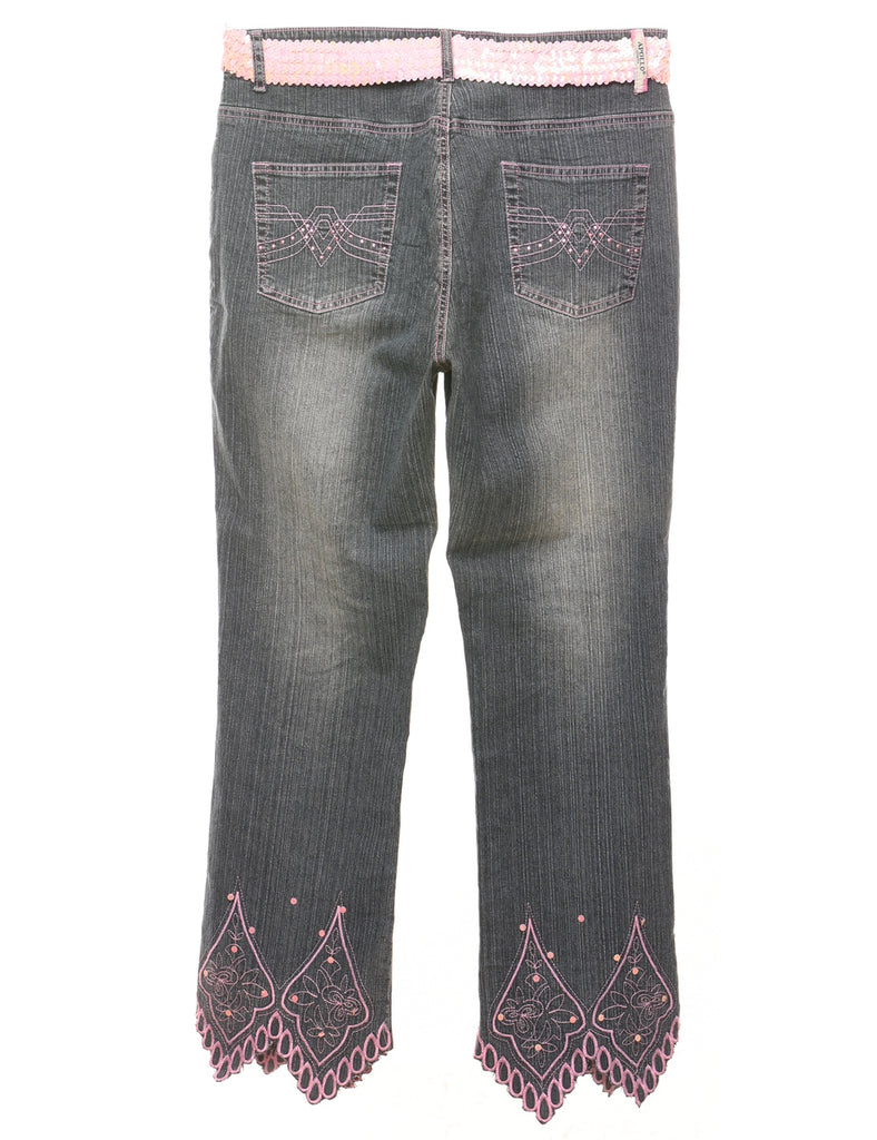 Black & Pink Sequined & Embroidered Y2K Jeans - W34 L32