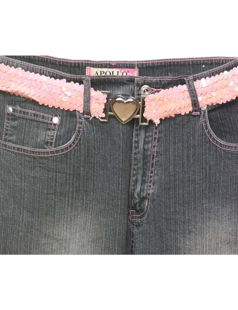 Black & Pink Sequined & Embroidered Y2K Jeans - W34 L32