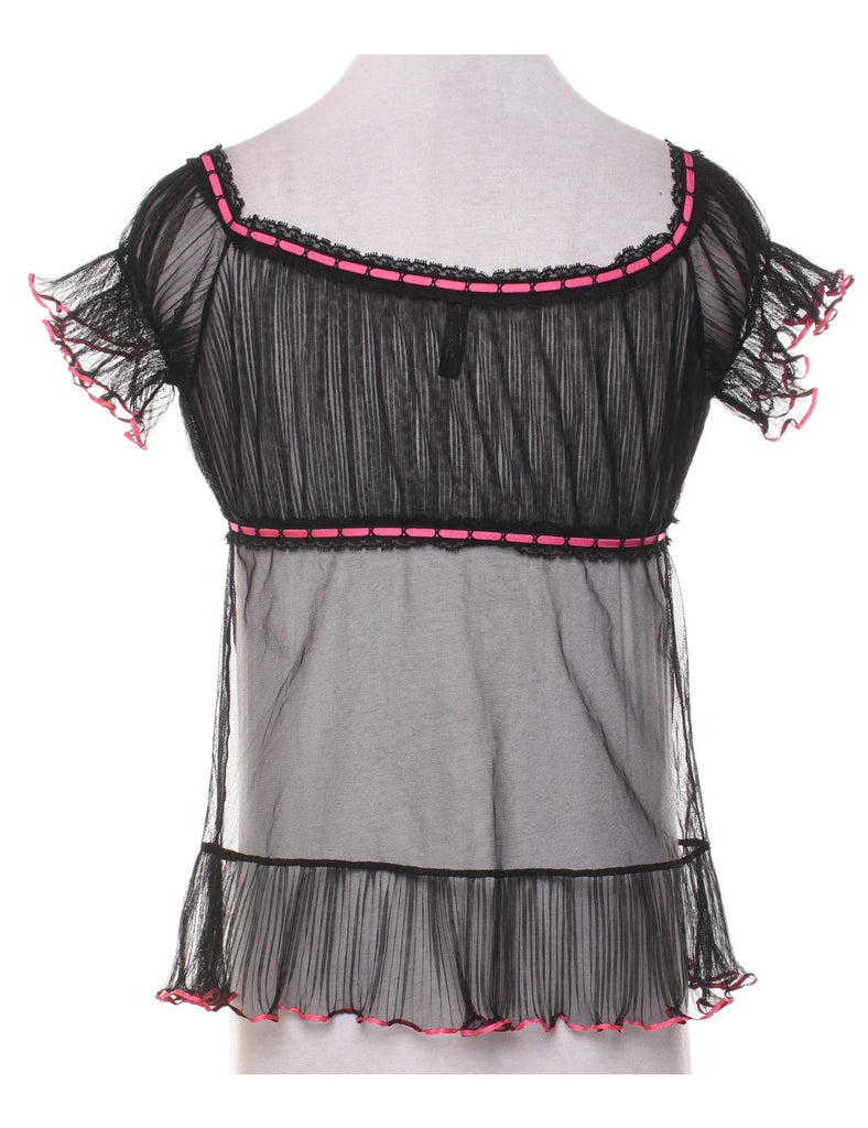 Black & Pink Sheer Effect Lace Bow Detail Babydoll - M