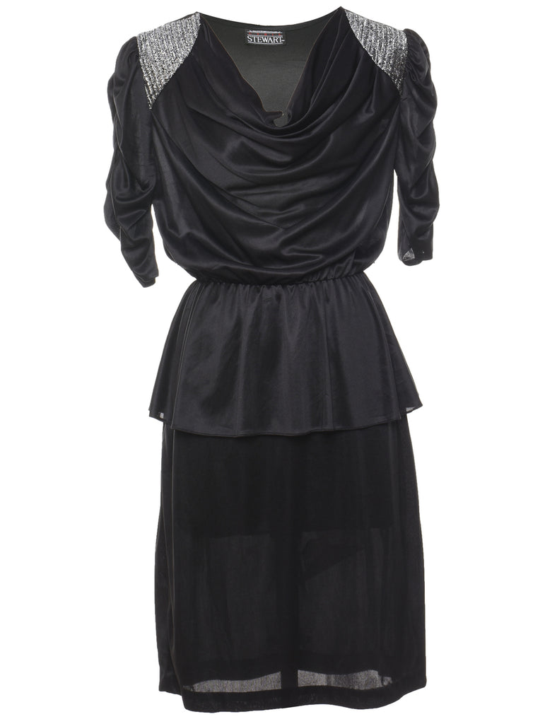 Black Ruched 1980s Evening Dress - L