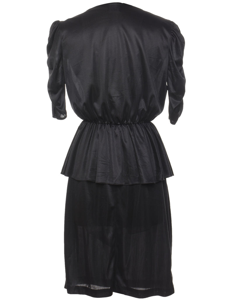 Black Ruched 1980s Evening Dress - L