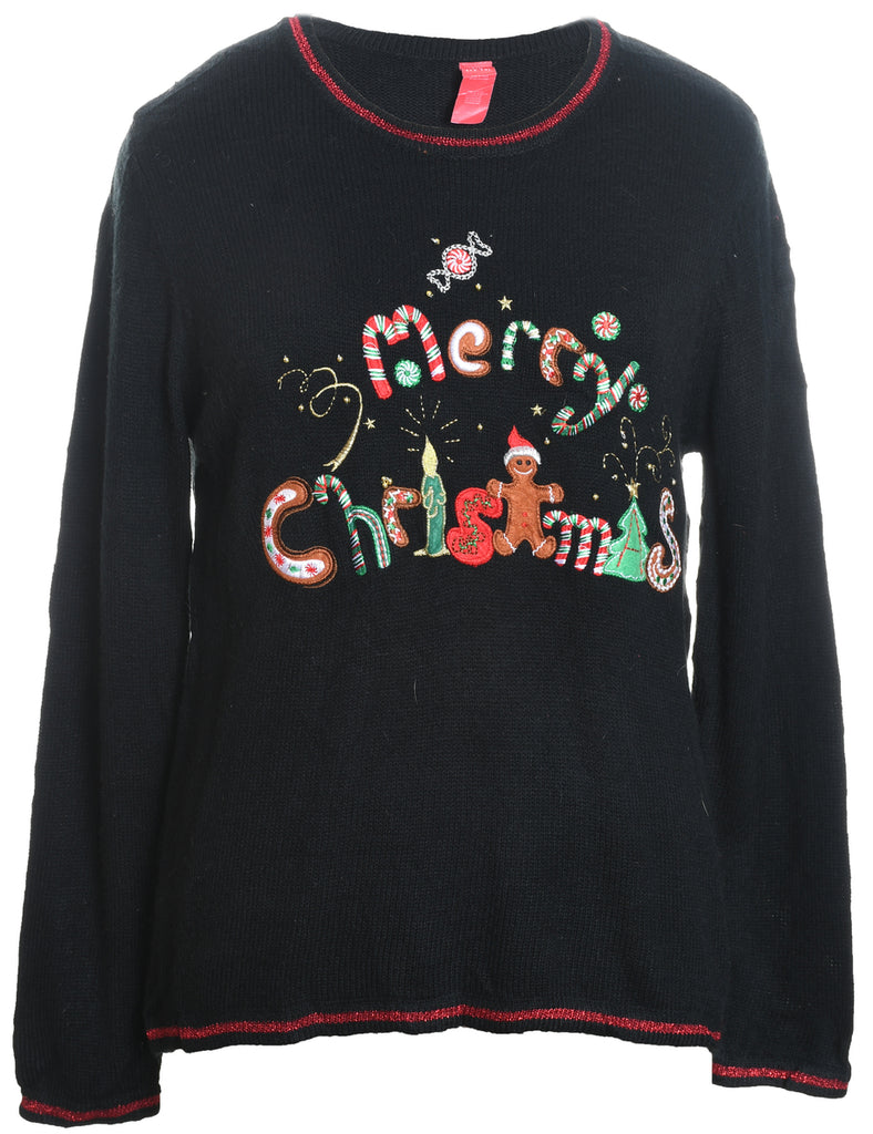 Black Sequined & Embroidered Christmas Jumper - L