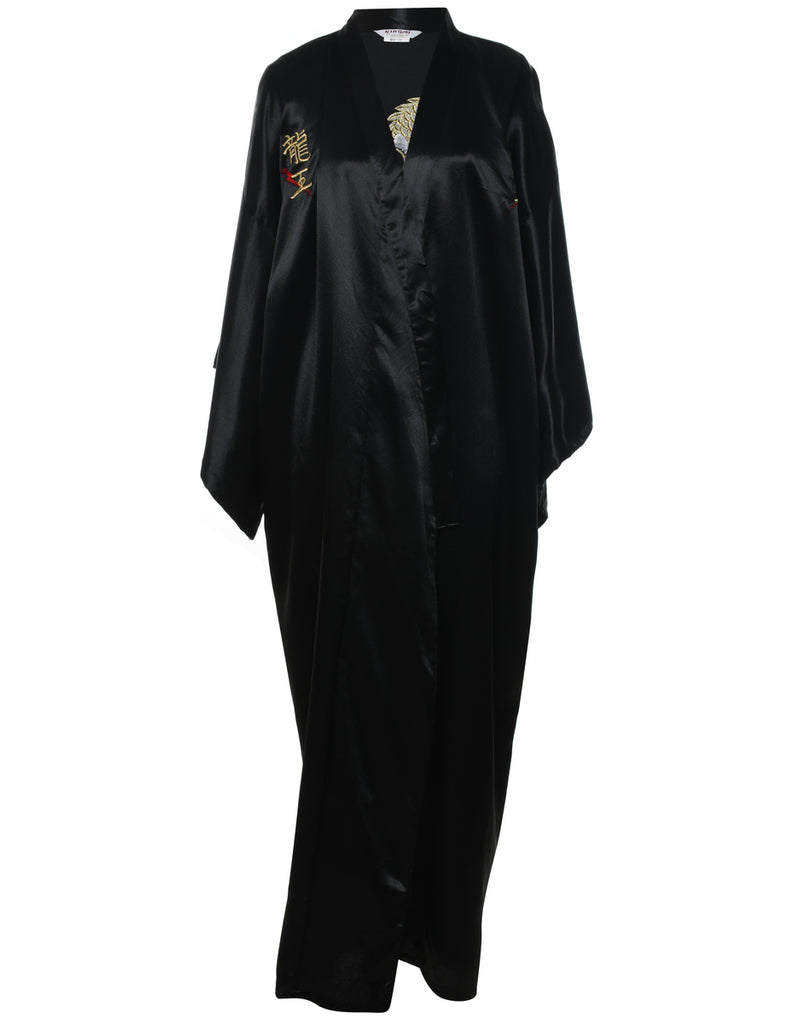 Black Silky Embroidered Dragon Design Dressing Gown - L