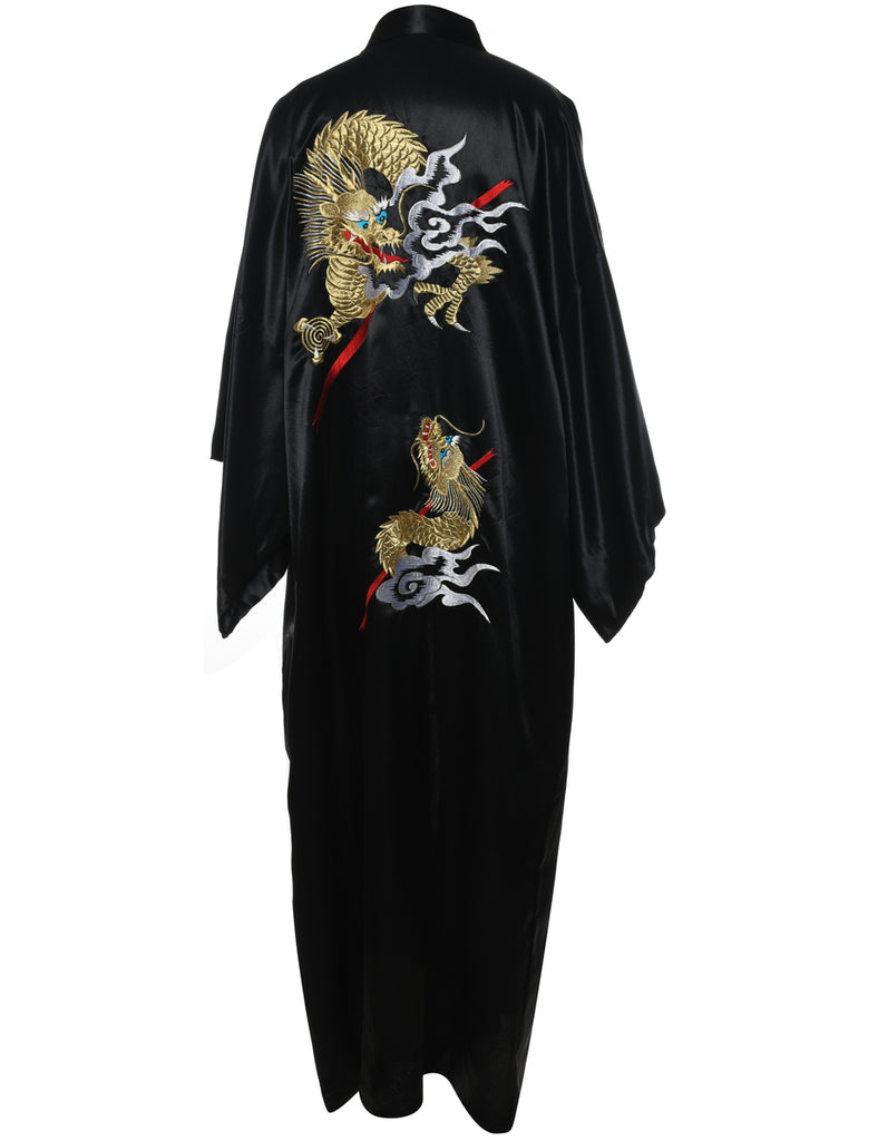 Black Silky Embroidered Dragon Design Dressing Gown - L