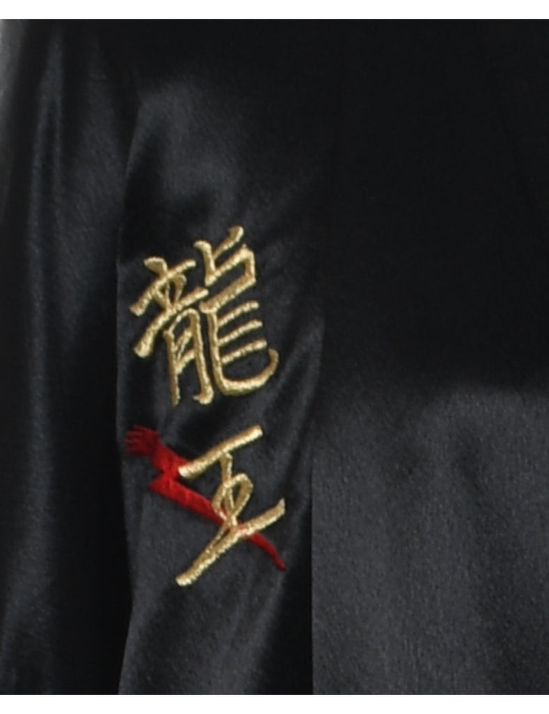 Black Silky Embroidered Dragon Design Dressing Gown - L