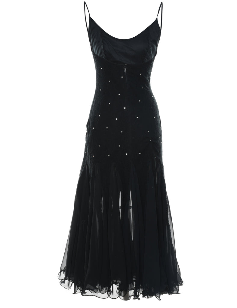 Black & Silver Sparkly Strappy Ruffled Hem Evening Dress - M