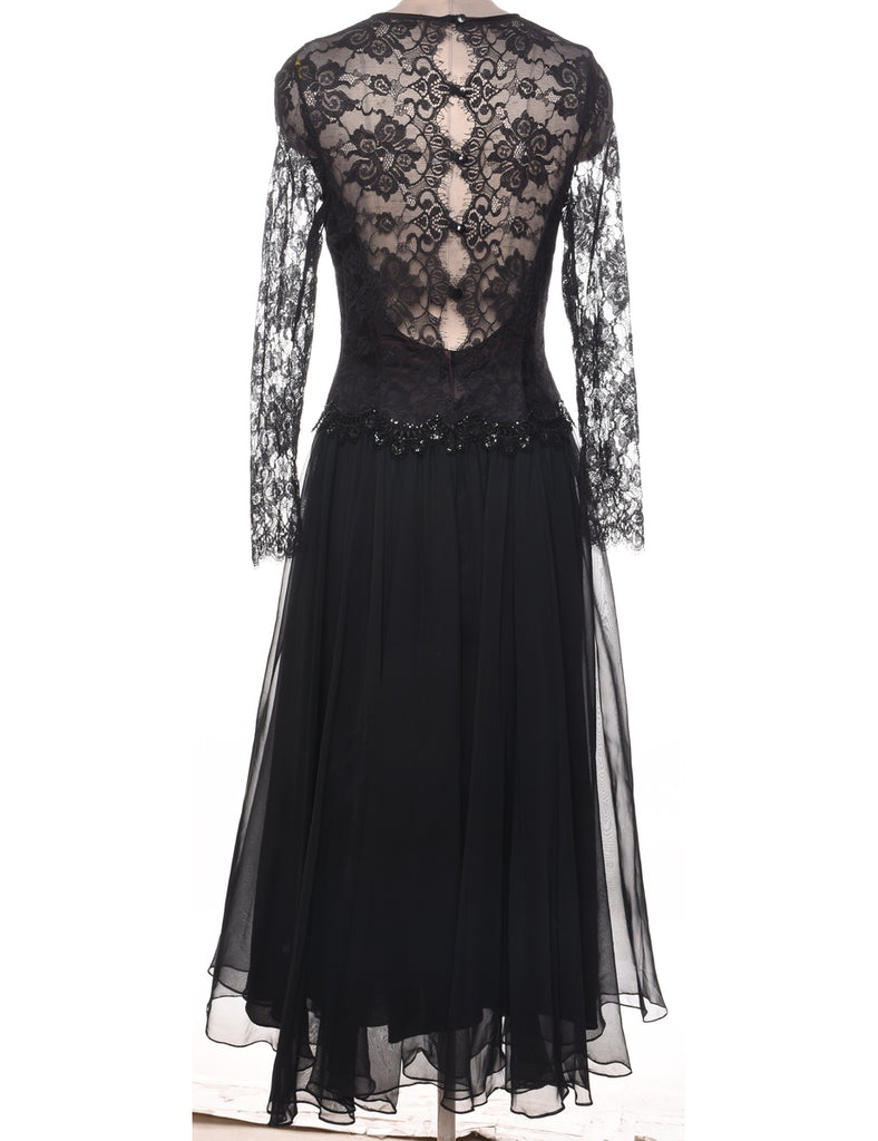 Black Sparkly Long-Sleeve Lace Evening Dress - L