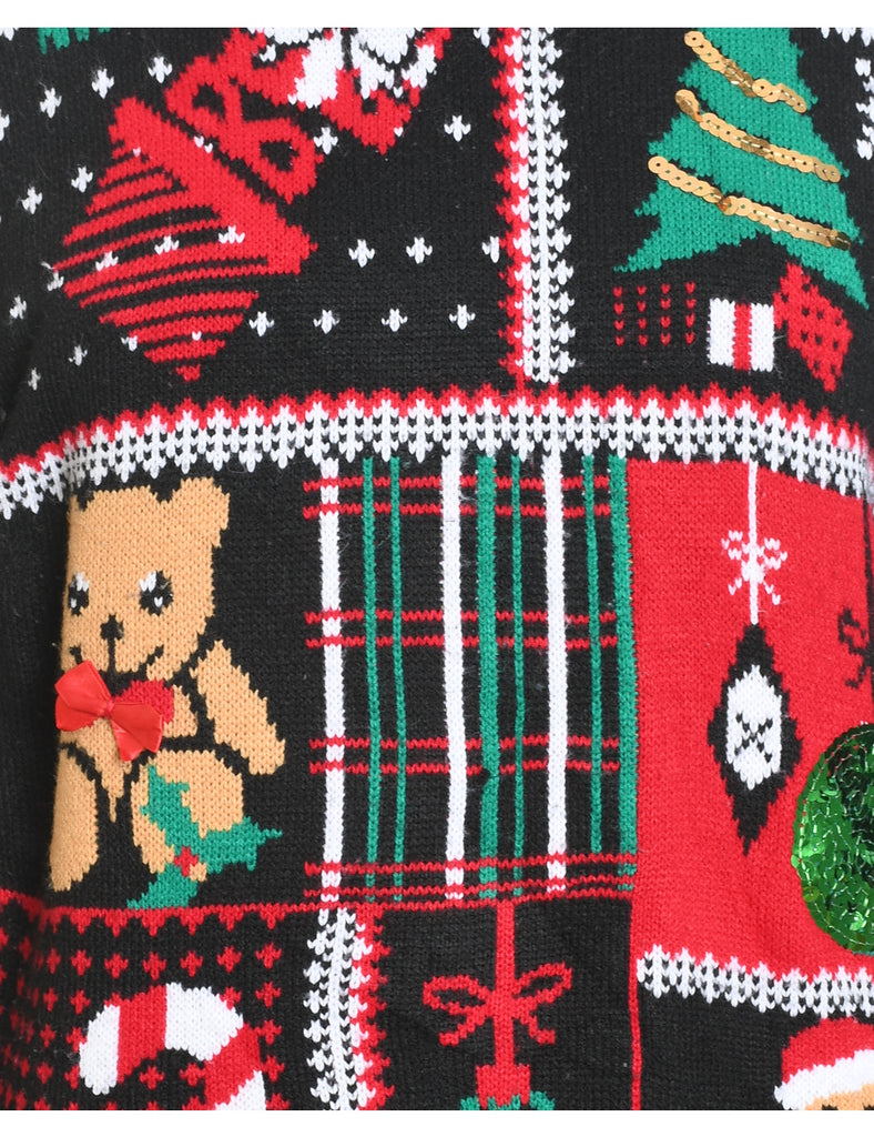 Black Teddy Bear Design Christmas Jumper - L