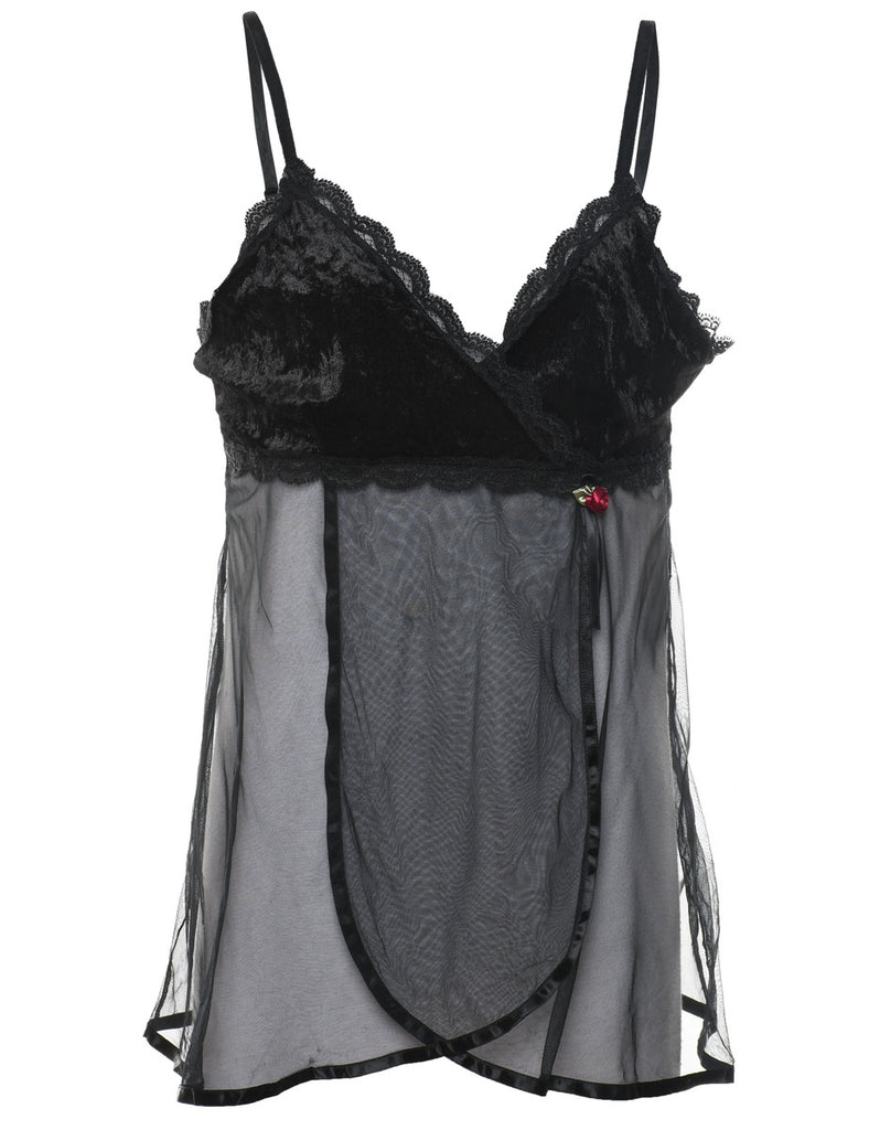 Black Velvet Lace Trim 1990s Babydoll - L