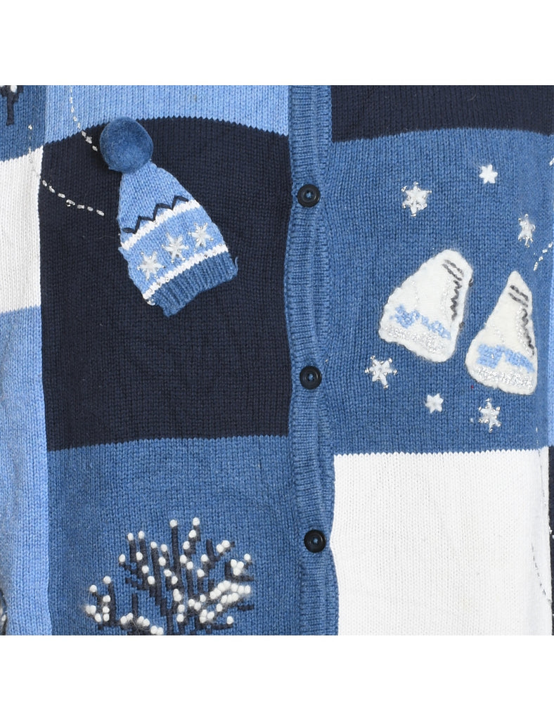 Blue Festive Design Christmas Cardigan  - L