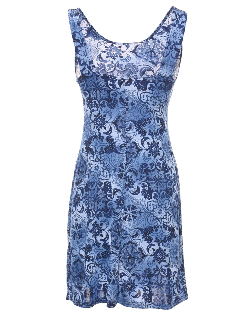 Blue Floral Print Mini Dress - S