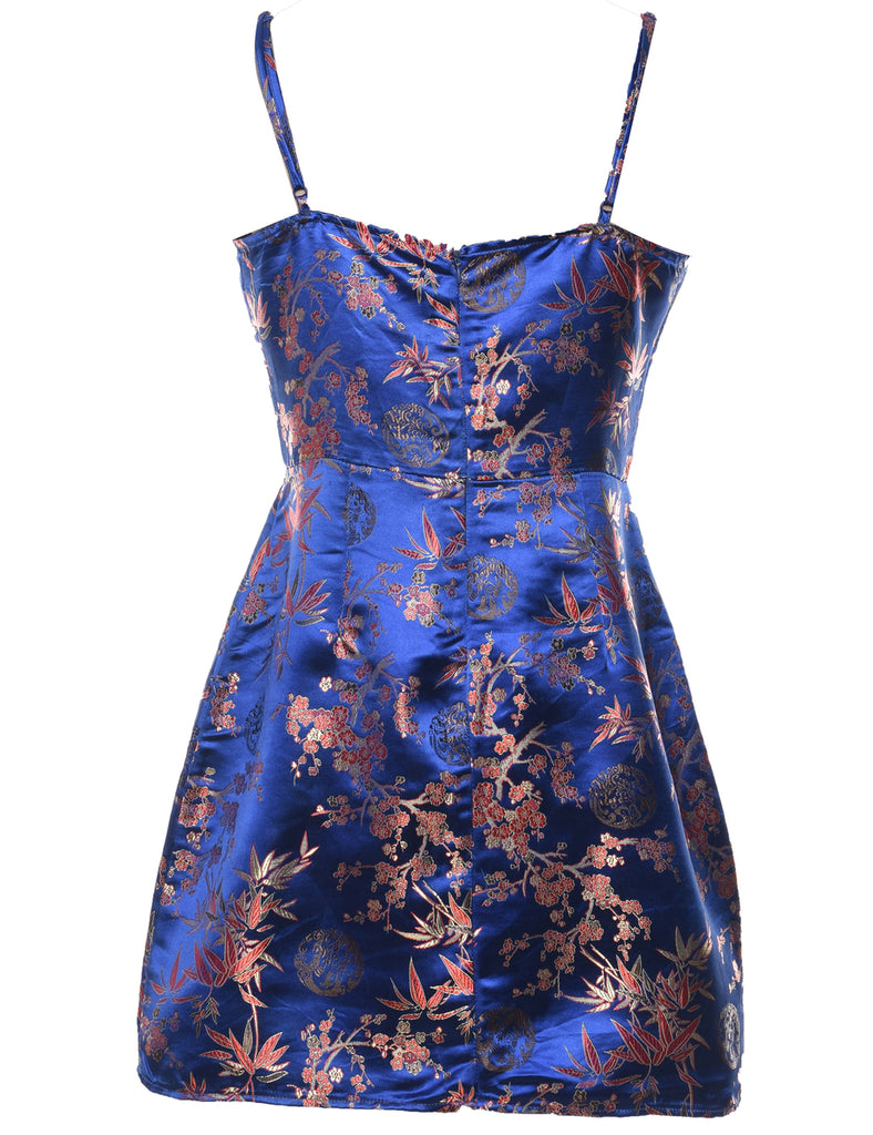 Brocade Pattern Blue Metallic Brocade Evening Dress - M