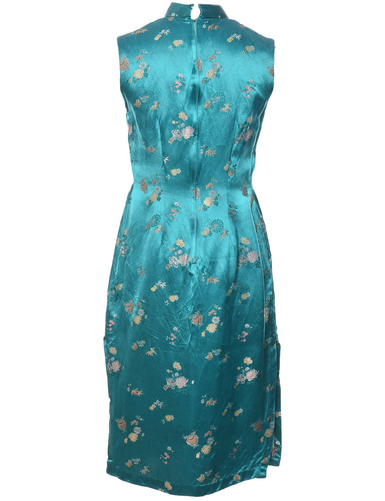 Brocade Turquoise Silky Evening Dress - M