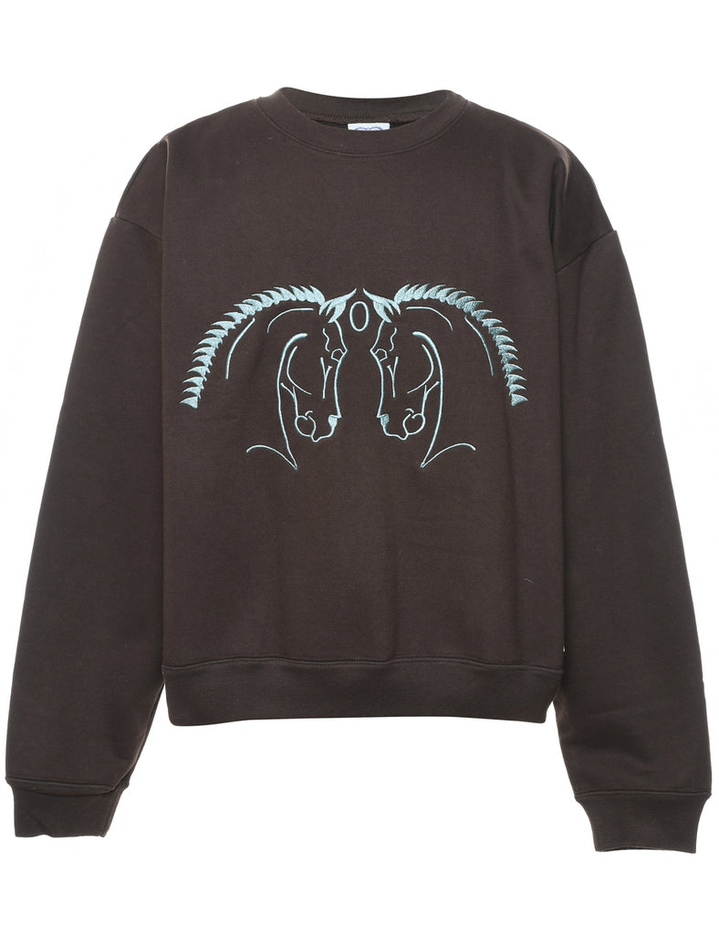 Brown & Light Blue Horse Print Animal Sweatshirt - M