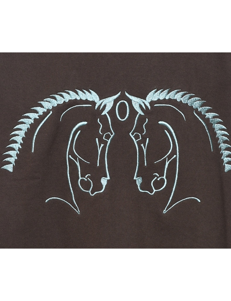 Brown & Light Blue Horse Print Animal Sweatshirt - M