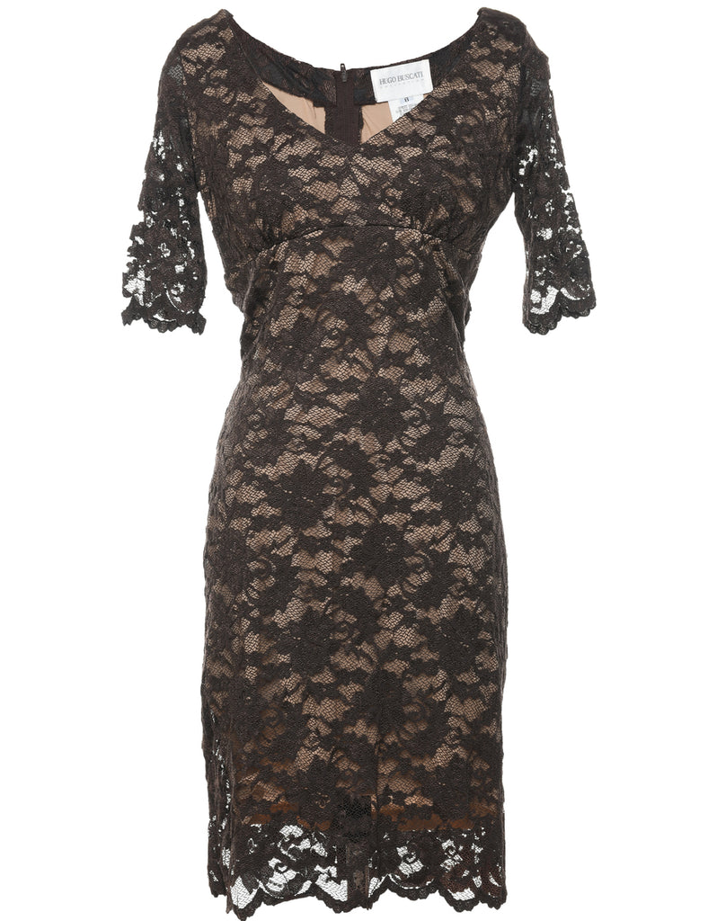 Brown & Nude Lace Evening Dress - M