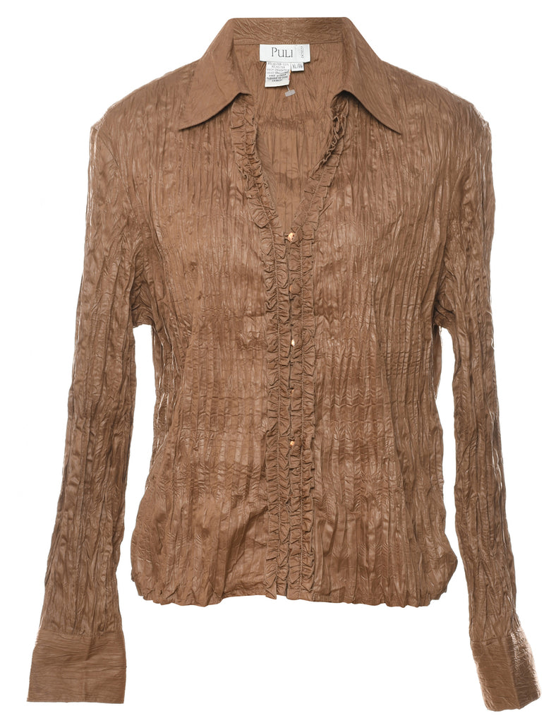 Brown Ruffled & Smocked Y2K Blouse - M