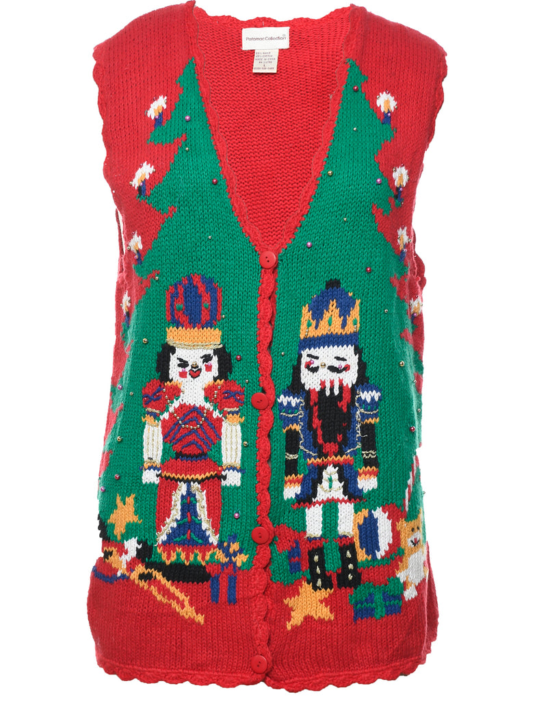 Button Front Christmas Sweater Vest - L