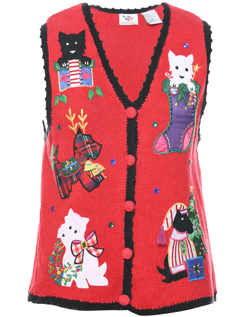 Cat Printed Christmas Cardigan - M