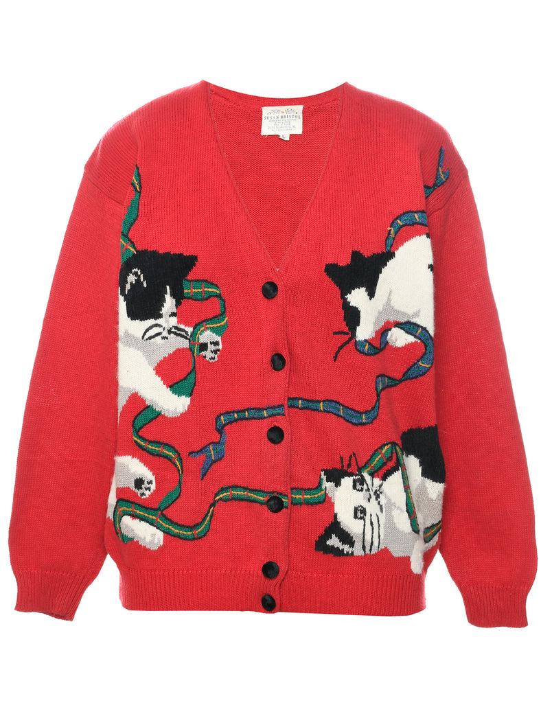 Cat Printed Christmas Cardigan - L