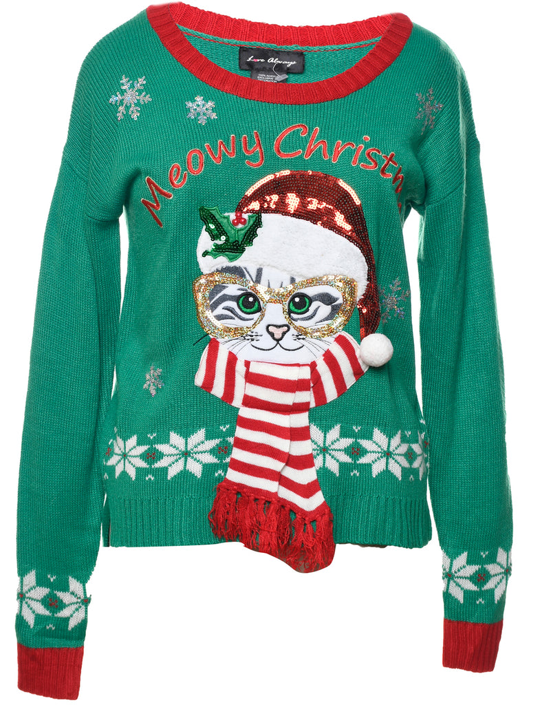 Cat Printed Christmas Jumper - M