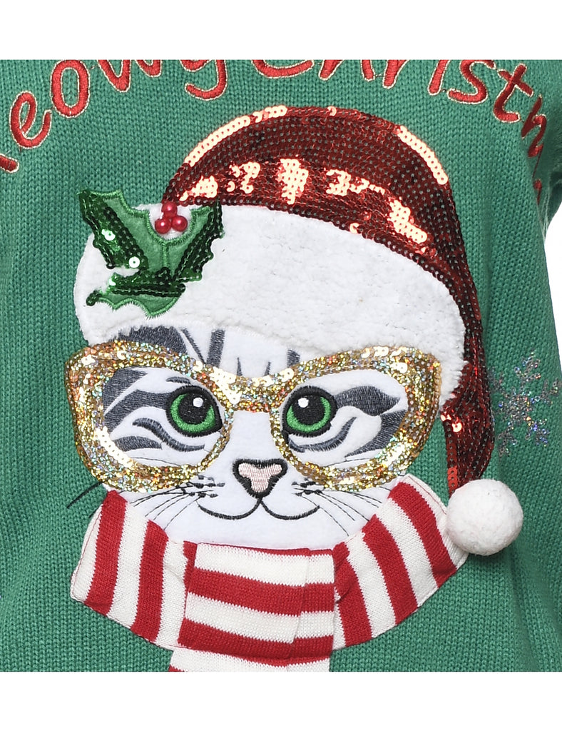 Cat Printed Christmas Jumper - M