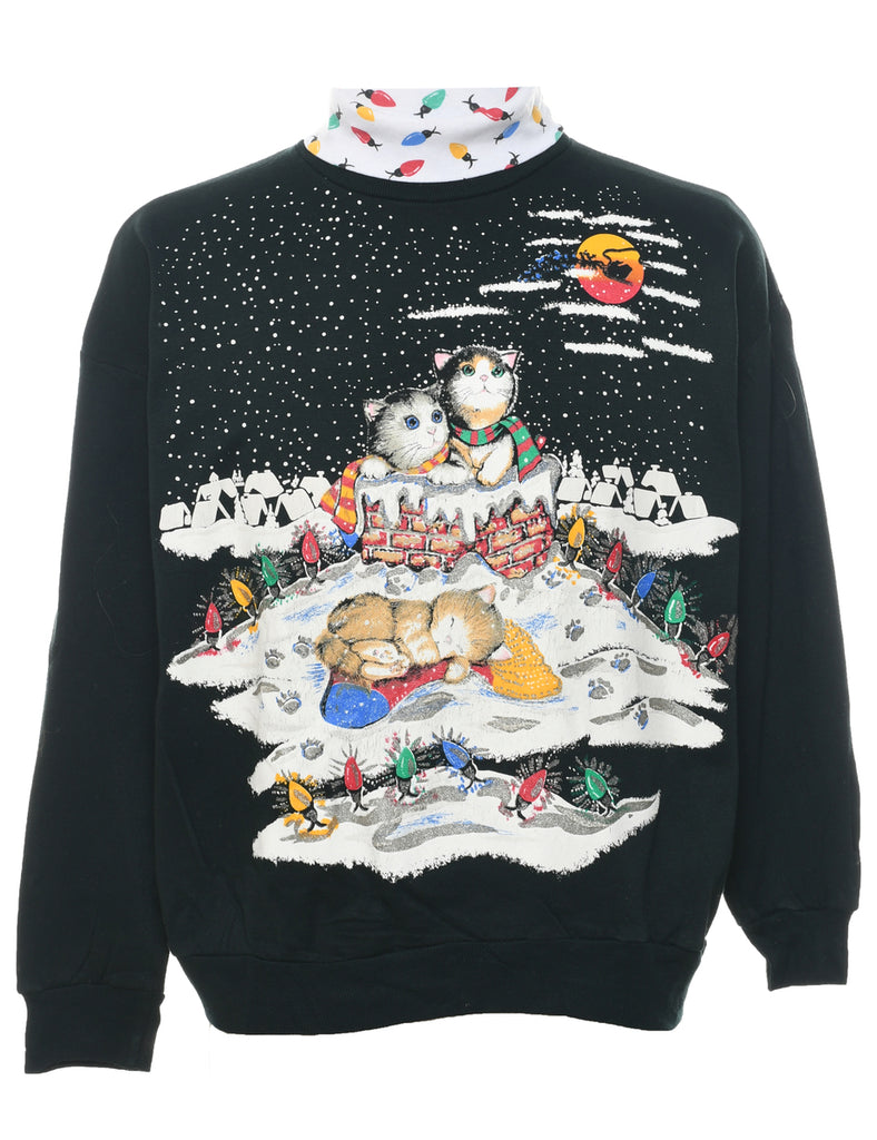 Cat Printed Christmas Sweatshirt - M