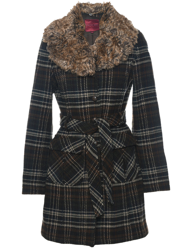 Checked Fur Collar Coat - S