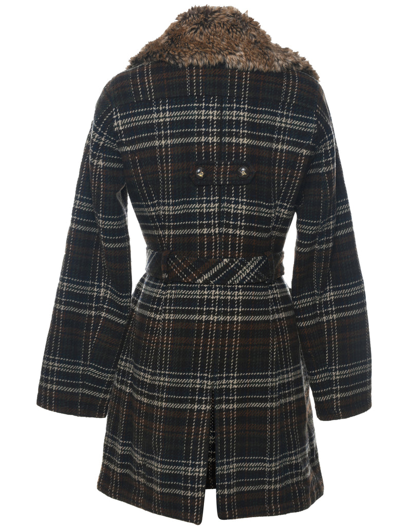 Checked Fur Collar Coat - S